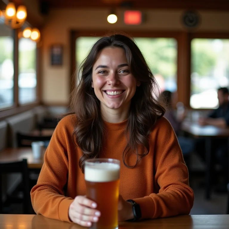 Mulher mid-size sentada à mesa em um restaurante alemão tradicional, segurando uma cerveja e sorrindo.