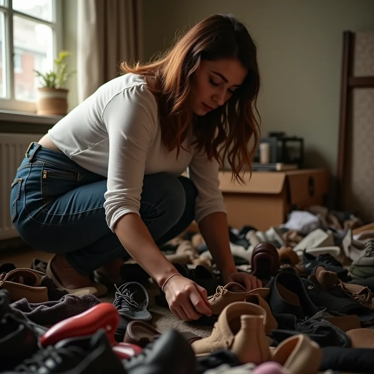 Mulher mid-size separando sapatos para doação.