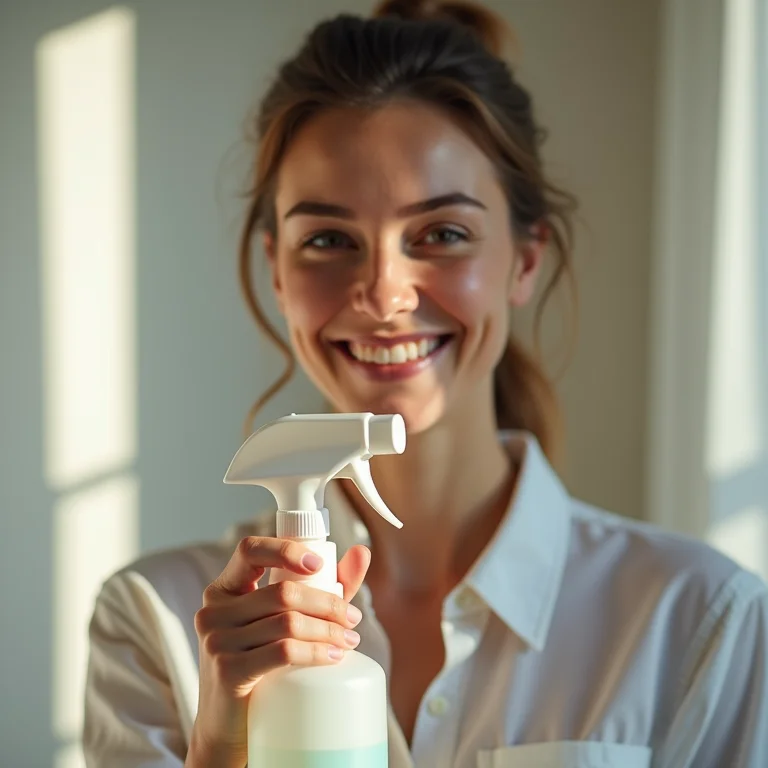 Mulher mid-size sorrindo com limpador multiuso e parede limpa