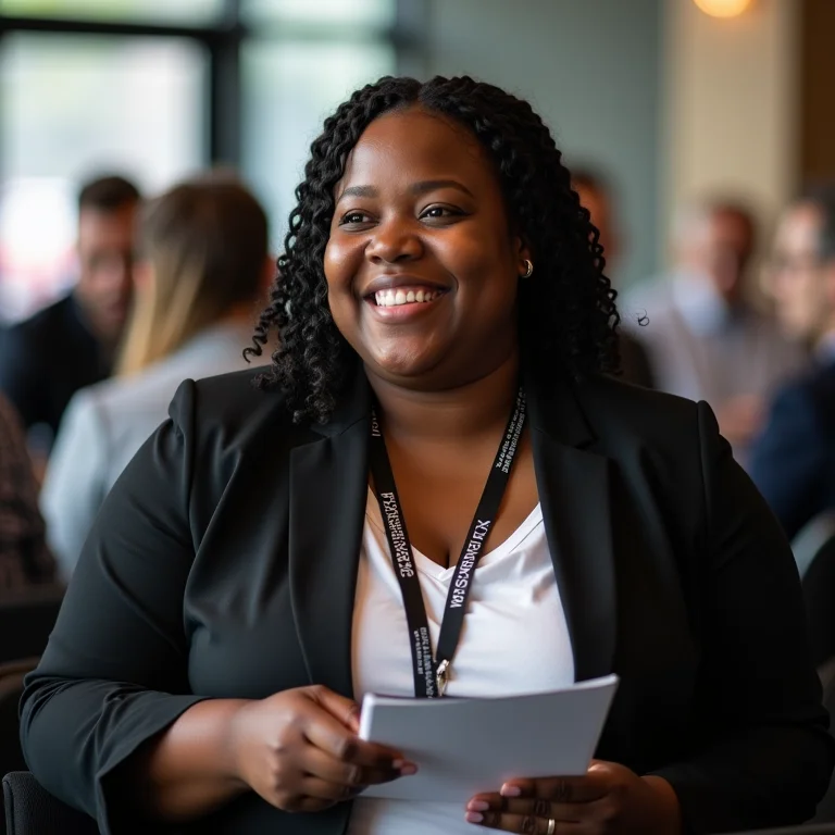 Mulher mid-size sorrindo em conferência de tecnologia