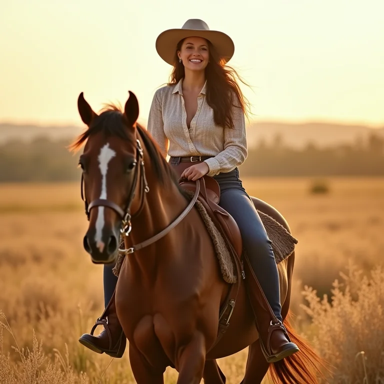Mulher mid-size sorrindo enquanto cavalga em campo vestindo roupa inspirada em gaúcho.