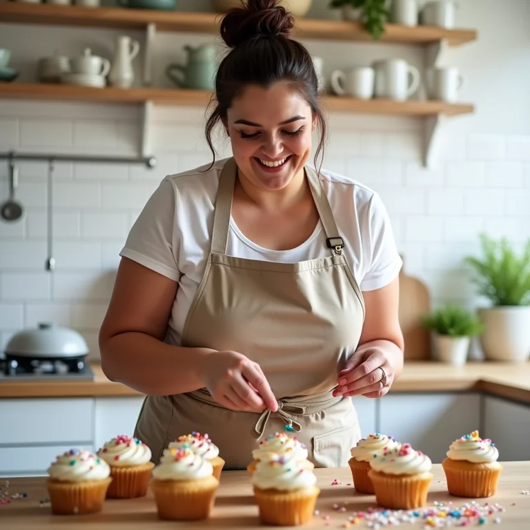 Mulher mid-size sorrindo enquanto decora cupcakes
