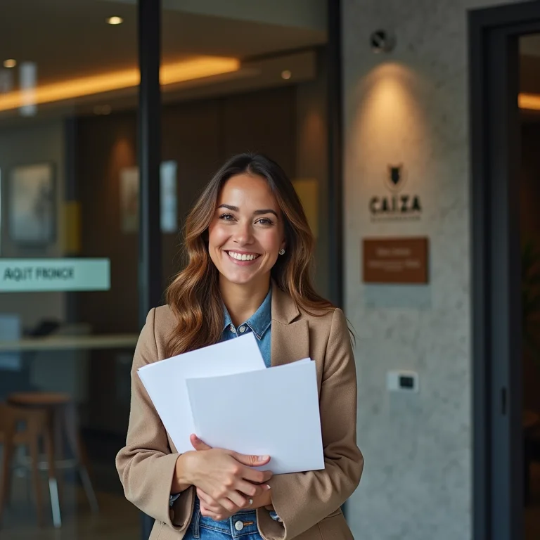 Mulher mid-size sorrindo perto de uma agência da Caixa.