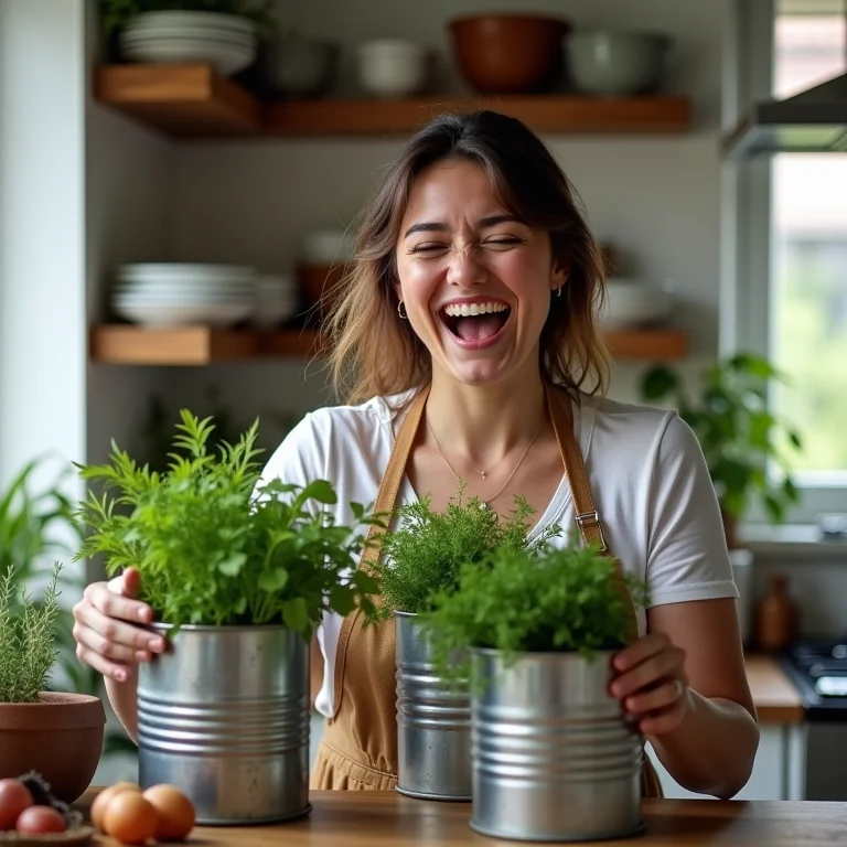 Mulher mid-size usando latas de leite como vasos de temperos