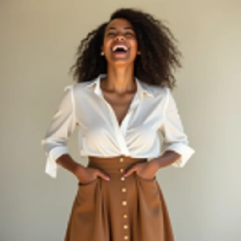 Mulher mid-size usando saia em 'A', disfarçando o volume abdominal.