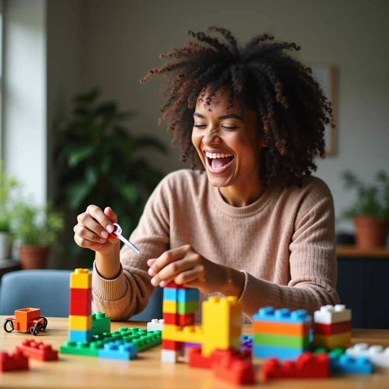 Mulher montando um porta-chaves criativo com blocos de LEGO