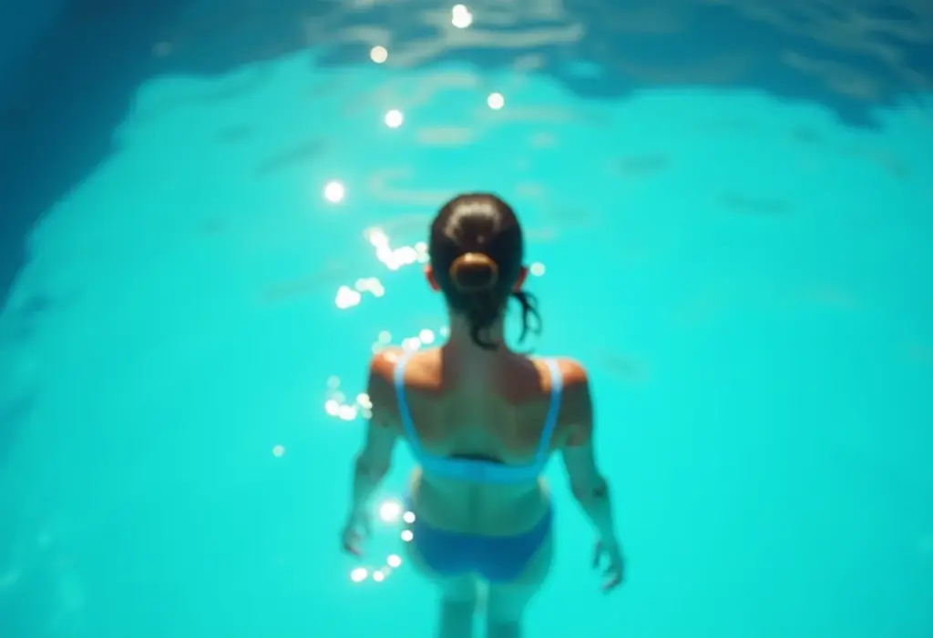Mulher nadando com confiança em piscina funda