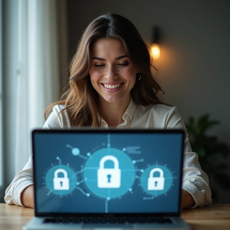 Mulher navegando em um site seguro com certificado SSL e cadeado de segurança.