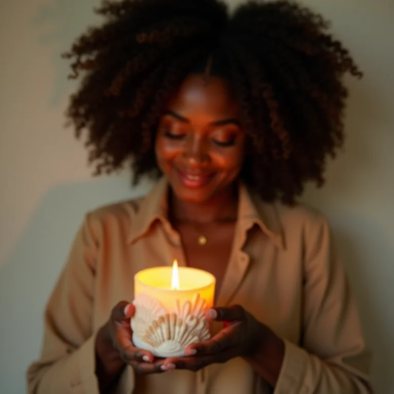 Mulher negra acendendo vela decorada com conchas.