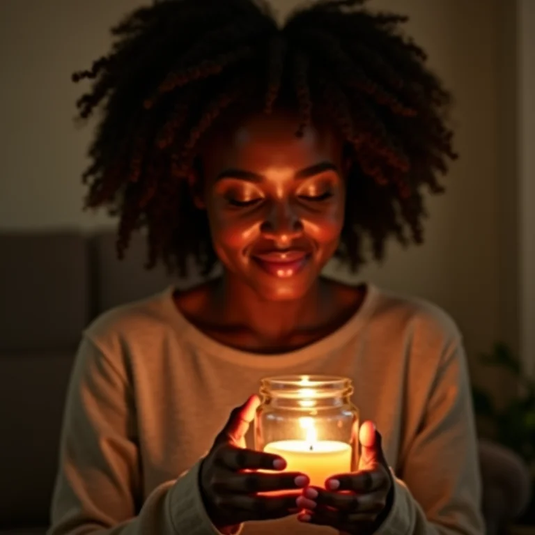 Mulher negra acendendo vela em pote de vidro