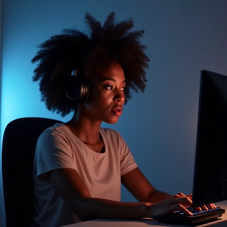 Mulher negra ajustando a iluminação inteligente em sua sala de jogos.