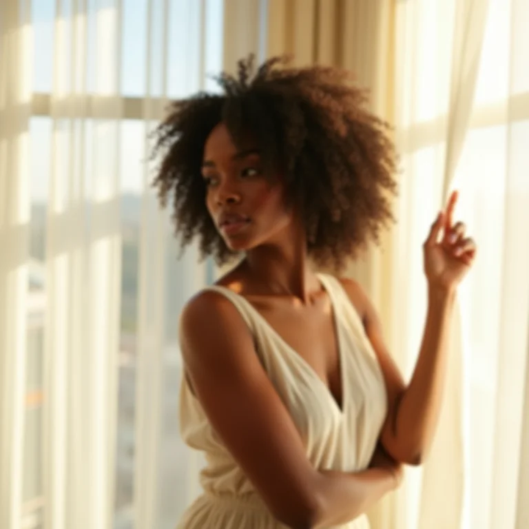 Mulher negra ajustando cortinas refletoras de calor