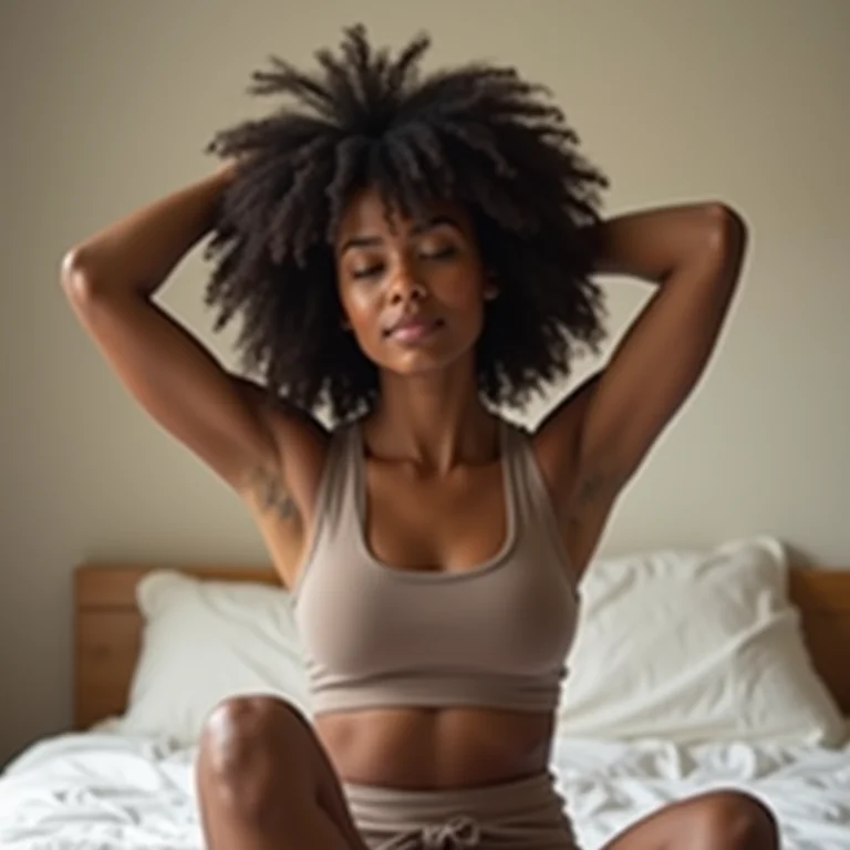 Mulher negra alongando o pescoço suavemente na cama
