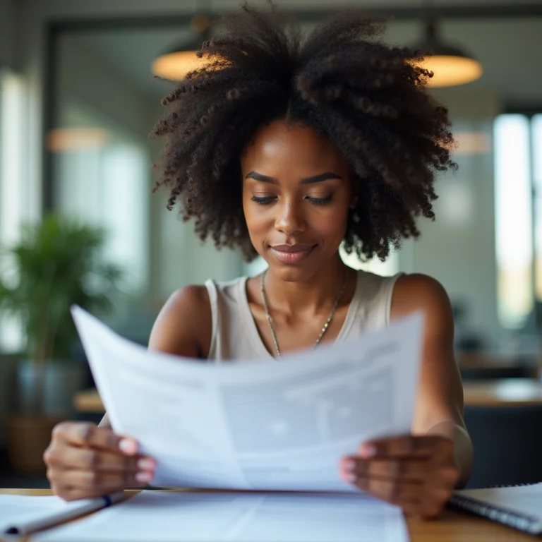 Mulher negra analisando balanço patrimonial simplificado de PME.