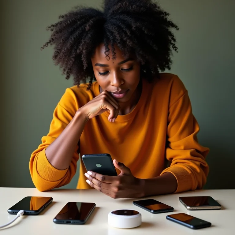 Mulher negra analisando carregadores de celular.