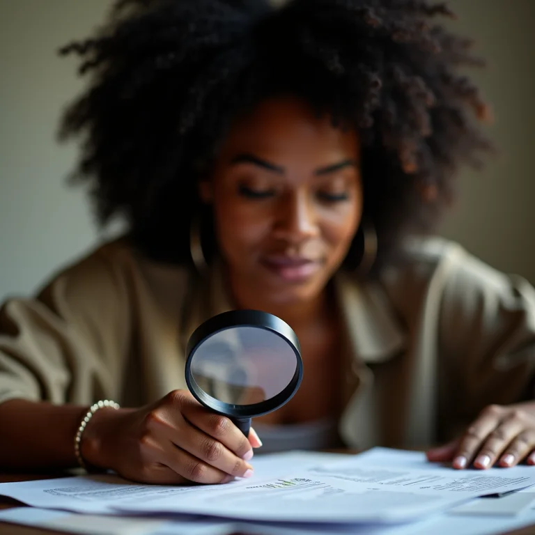 Mulher negra analisando documentos financeiros com uma lupa.