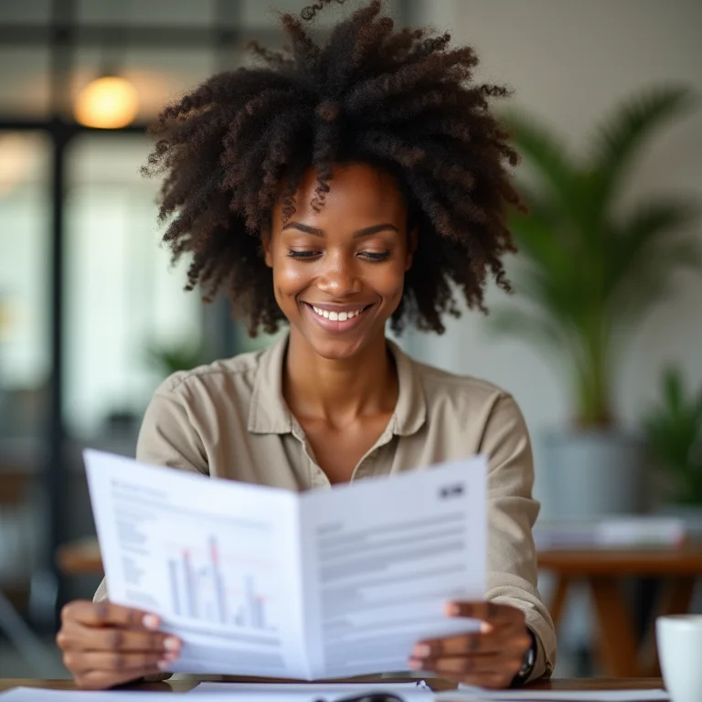 Mulher negra analisando documentos financeiros em coworking