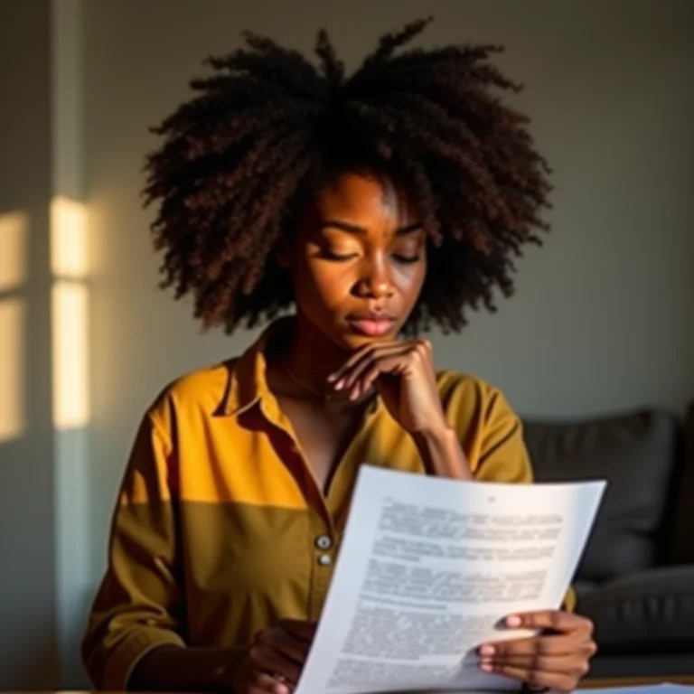 Mulher negra analisando documentos sobre privacidade de dados