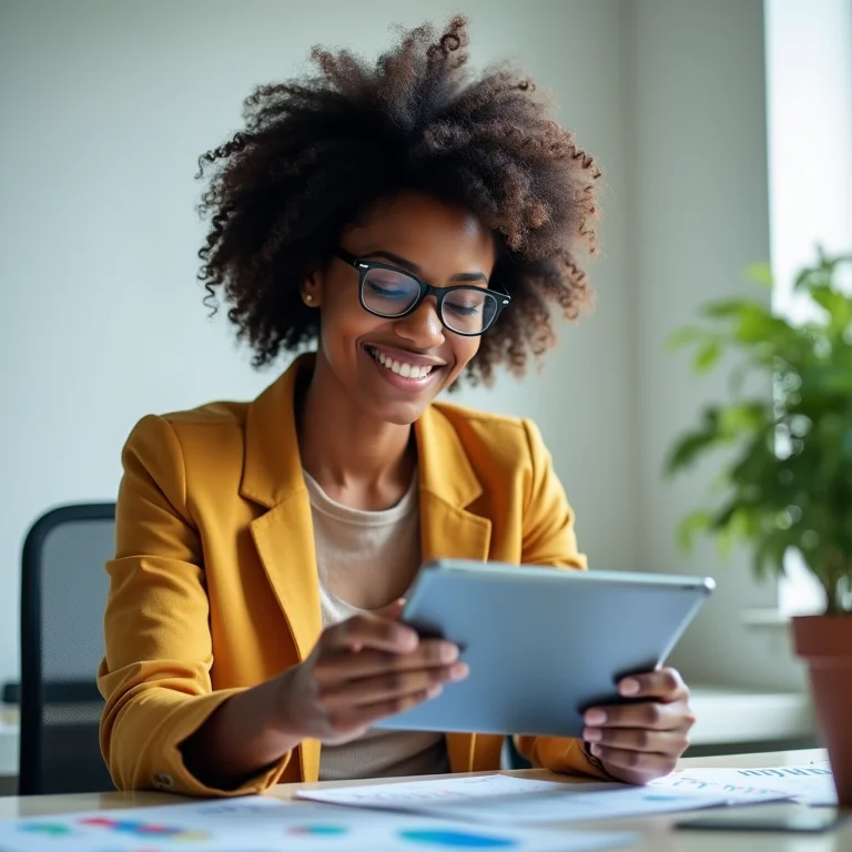 Mulher negra analisando gráficos de ETFs.