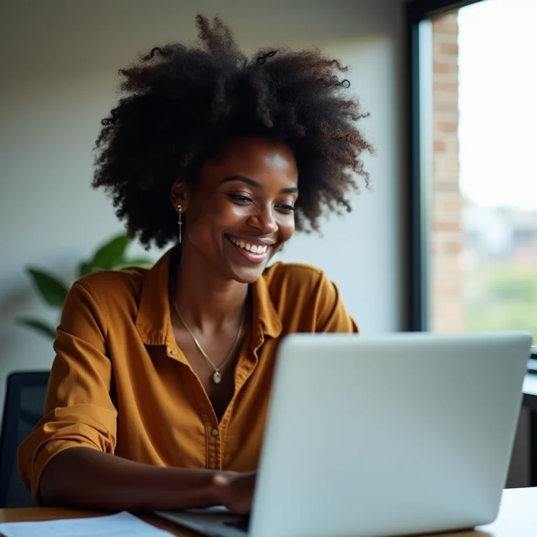Mulher negra analisando múltiplos de mercado em um laptop