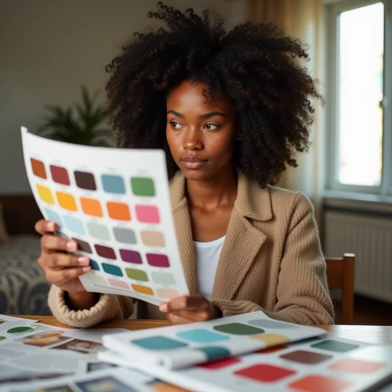Mulher negra analisando paleta de cores.