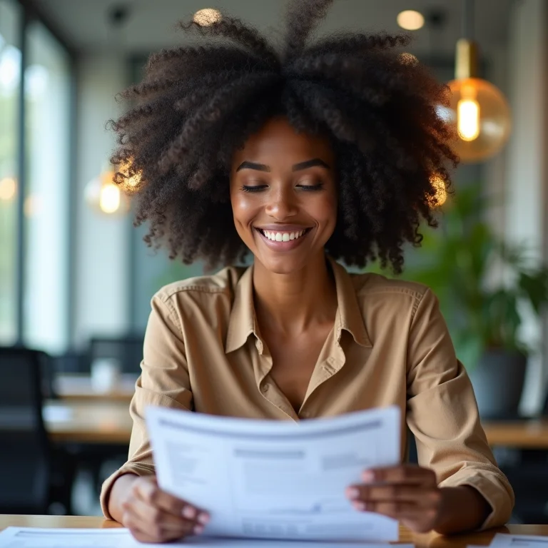 Mulher negra analisando relatórios financeiros.