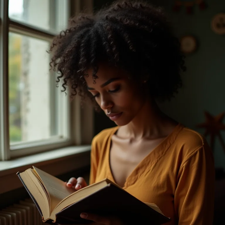Mulher negra analisando um livro de psicologia, representando a mente de um serial killer.