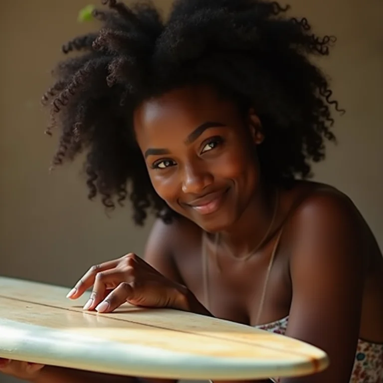 Mulher negra aplicando base coat na prancha de surf