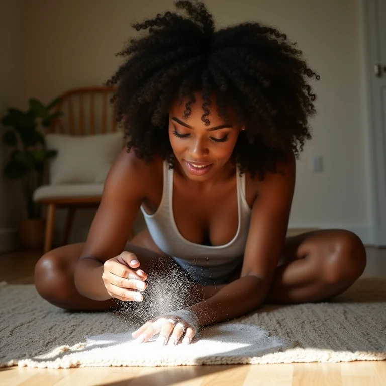 Mulher negra aplicando bicarbonato de sódio no tapete