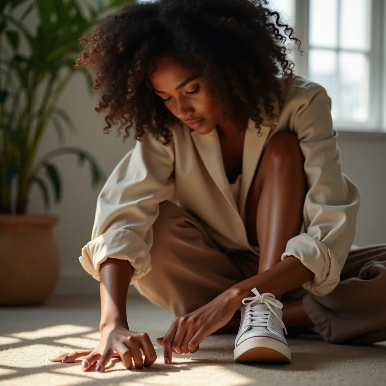 Mulher negra aplicando impermeabilizante em sapatos.