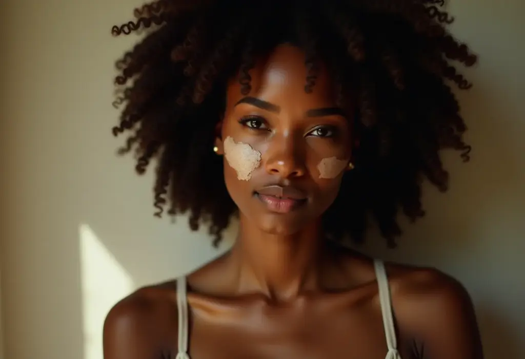 Mulher negra aplicando maquiagem para camuflar o vitiligo