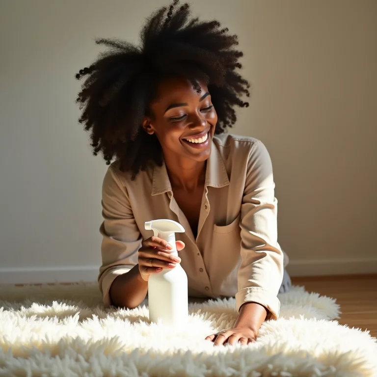 Mulher negra aplicando produto antimanchas em tapete