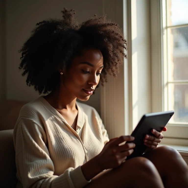Mulher negra assistindo série 'The Chosen' em tablet.