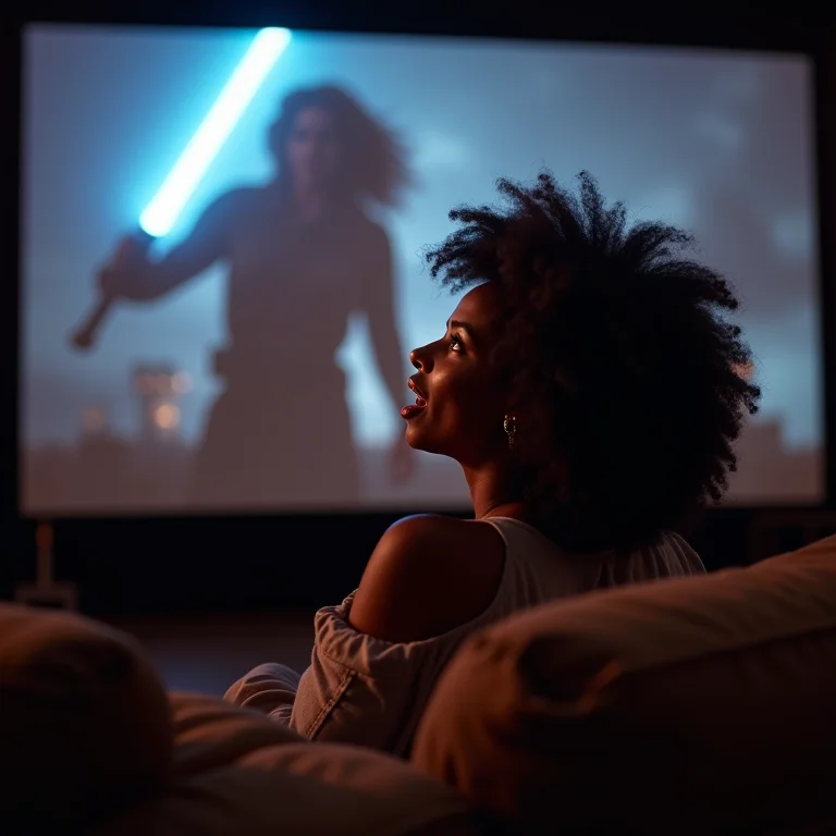 Mulher negra assistindo Star Wars, surpresa.