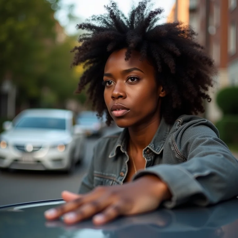 Mulher negra atenta aos ruídos do motor do carro