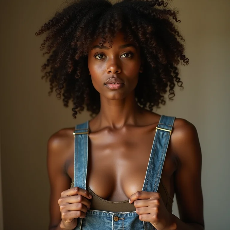 Mulher negra avaliando seus suspensórios