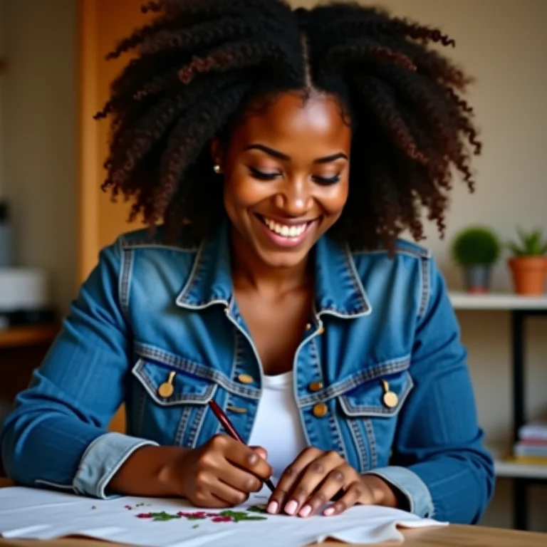 Mulher negra bordando jaqueta jeans