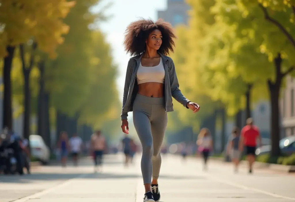Mulher negra caminhando em rua ensolarada usando tênis de corrida estiloso