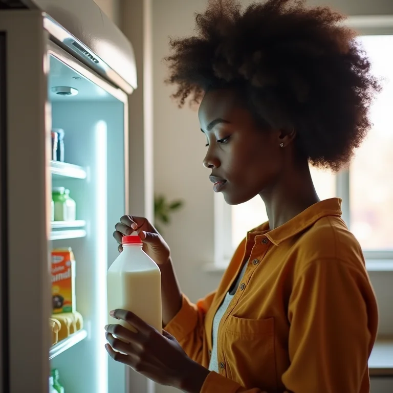 Mulher negra checando validade de leite