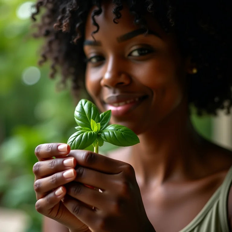 Mulher negra cheirando manjericão fresco