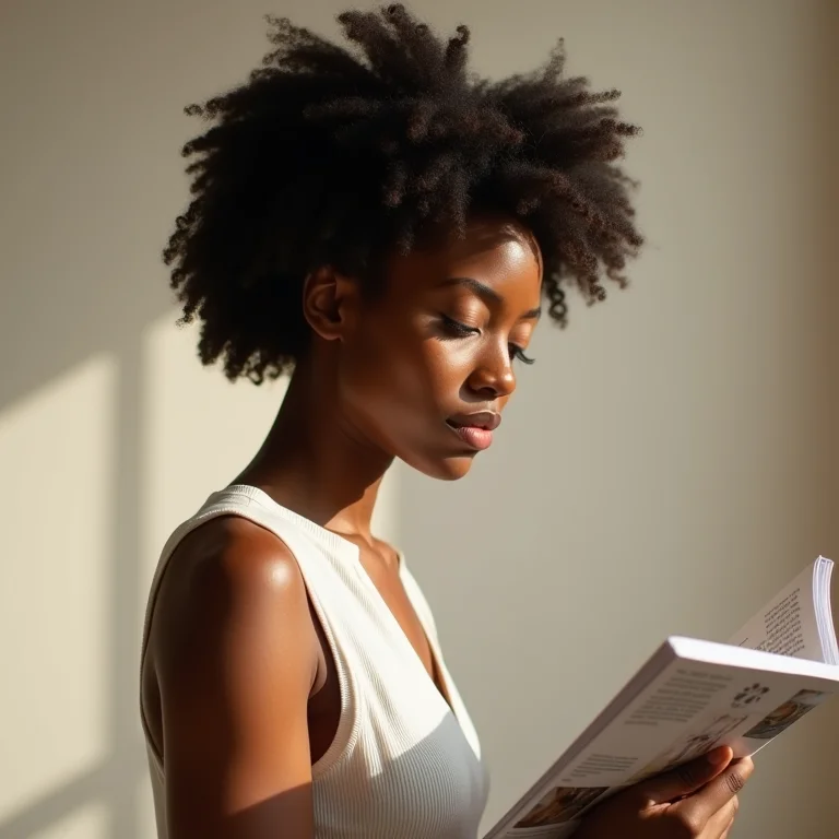 Mulher negra com cabelo cacheado analisando revista de design.