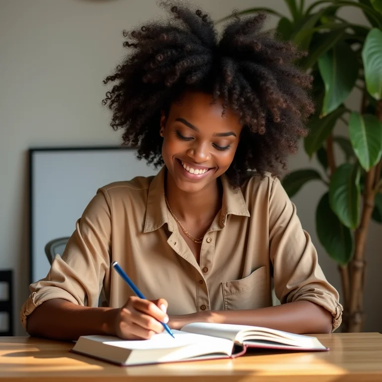 Mulher negra com cabelo cacheado definindo objetivos
