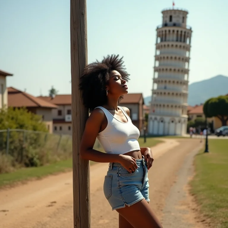 Mulher negra com cabelo cacheado imitando a Torre de Pisa em Ouro Preto