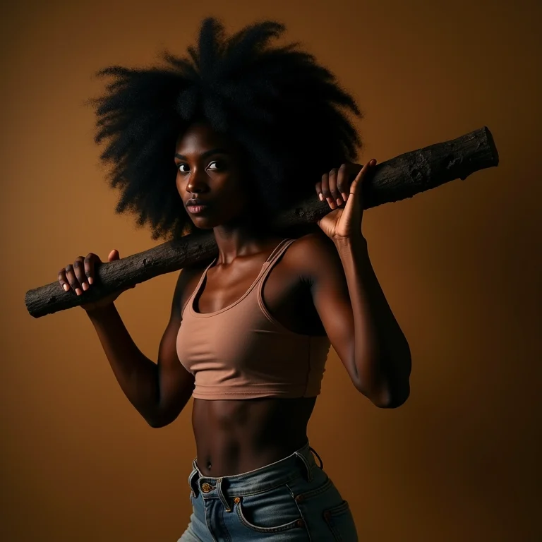 Mulher negra com cabelo cacheado levantando tronco de madeira