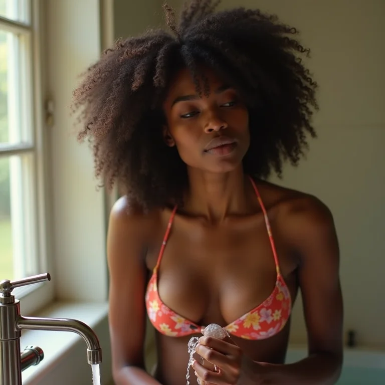 Mulher negra com cabelo cacheado natural lavando um biquíni na pia.