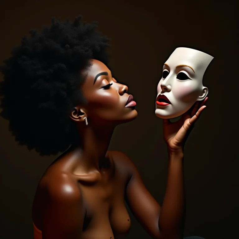 Mulher negra com cabelo cacheado olhando para máscaras teatrais.