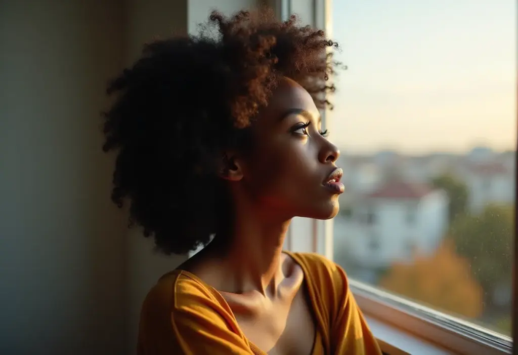 Mulher negra com cabelo cacheado olhando para o horizonte, representando a descoberta de talentos.