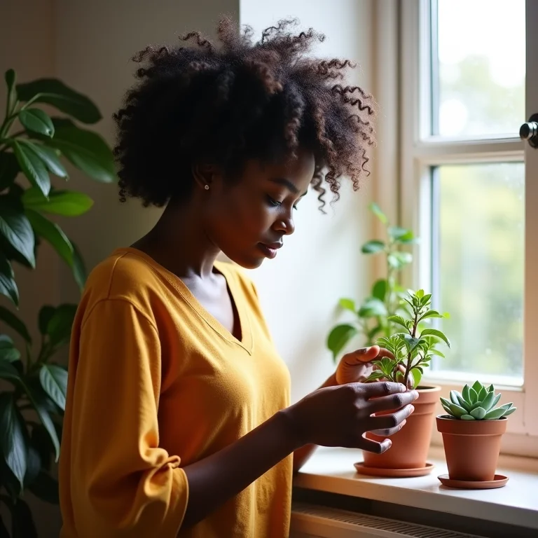 Mulher negra com cabelo cacheado regando suculenta na janela.