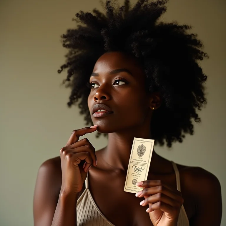 Mulher negra com cabelo cacheado segurando memorabilia olímpica antiga.