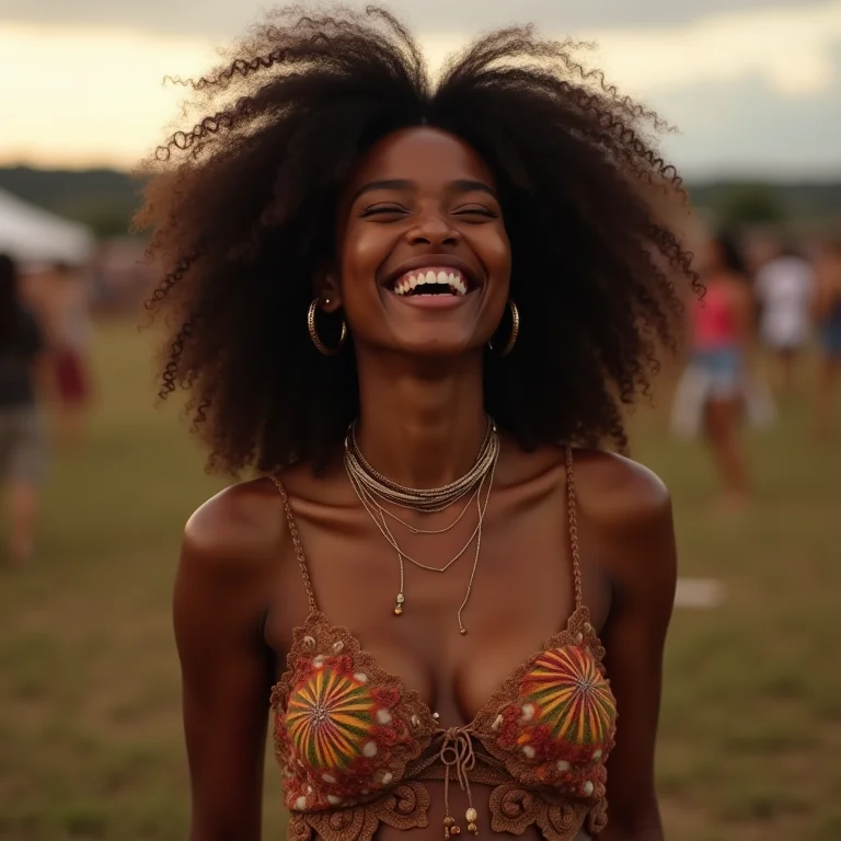 Mulher negra com cabelo cacheado usando look confortável e estiloso para festival